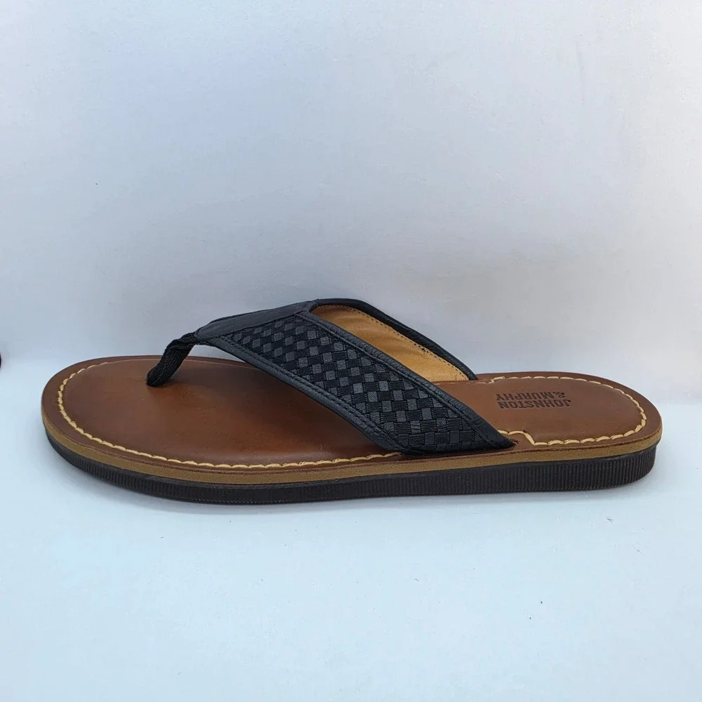 Johnston & Murphy Mens 9M Woven Leather Flip Flop Sandals Black Brown 25-3665